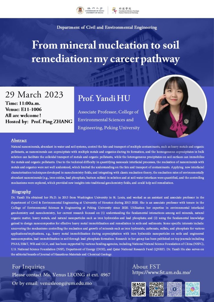 From mineral nucleation to soil remediation my career pathway Speaker Prof. Yandi HU from